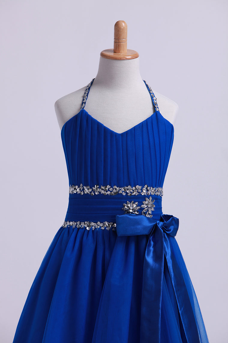 2022 Dark Royal Blue Halter A Line High Low Flower Girl Dresses Beaded Tulle