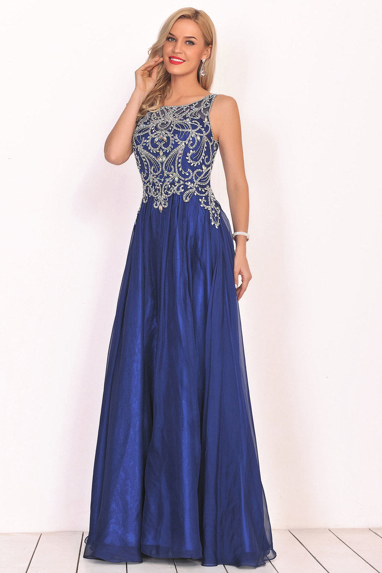 2024 A Line Prom Dresses Scoop Chiffon With Beading Sweep Train