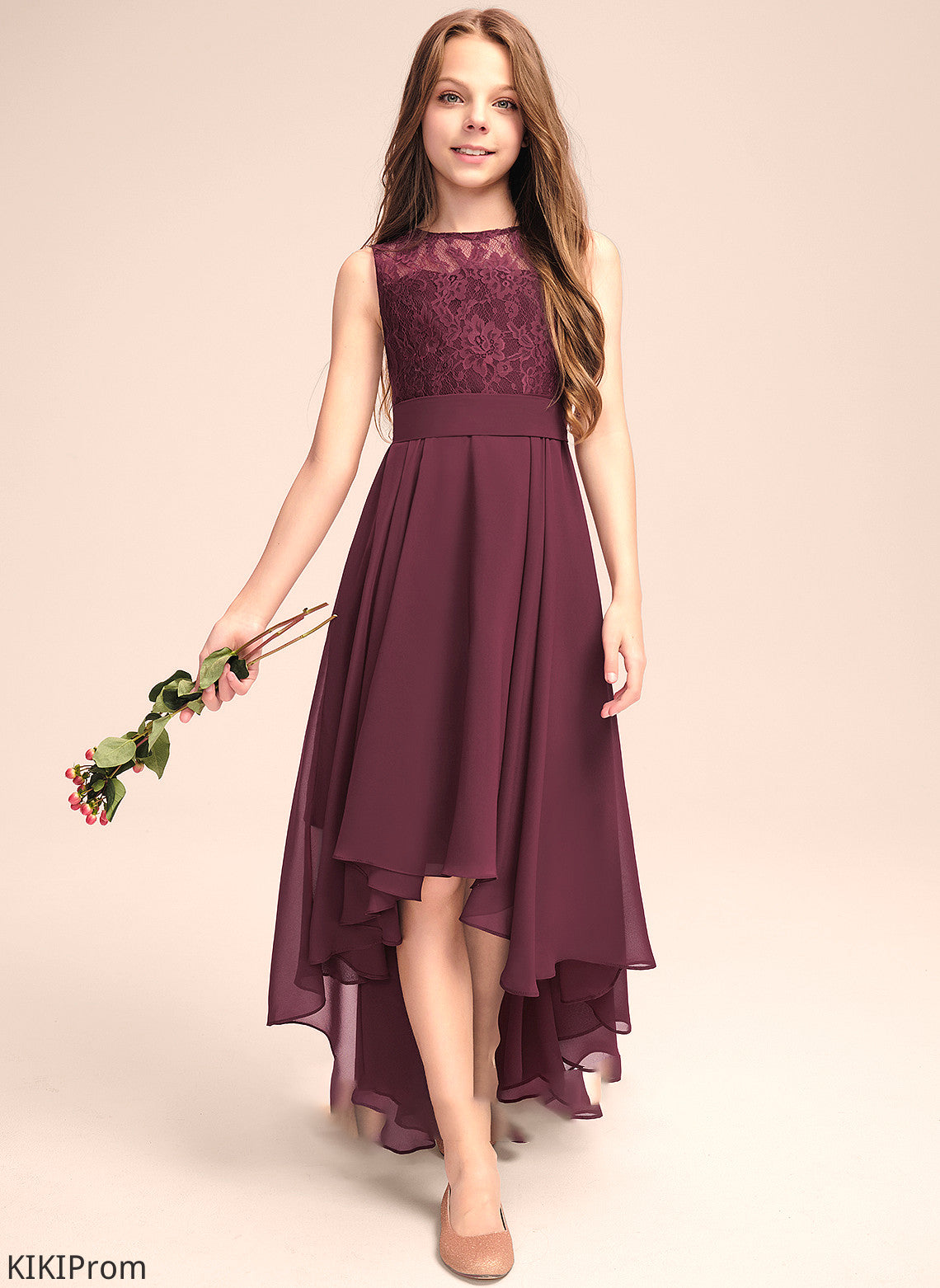Neck Lace Junior Bridesmaid Dresses Bow(s) Chiffon With Asymmetrical Alisa A-Line Scoop