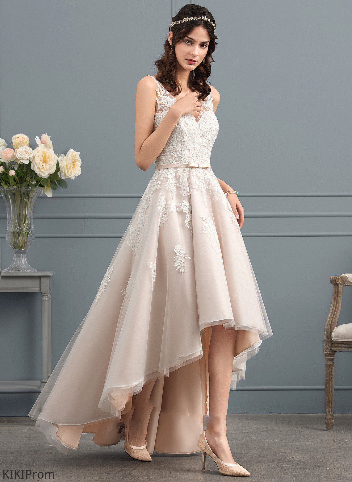 Dress Rubi A-Line Wedding Dresses Tulle Wedding V-neck Lace Bow(s) Asymmetrical With