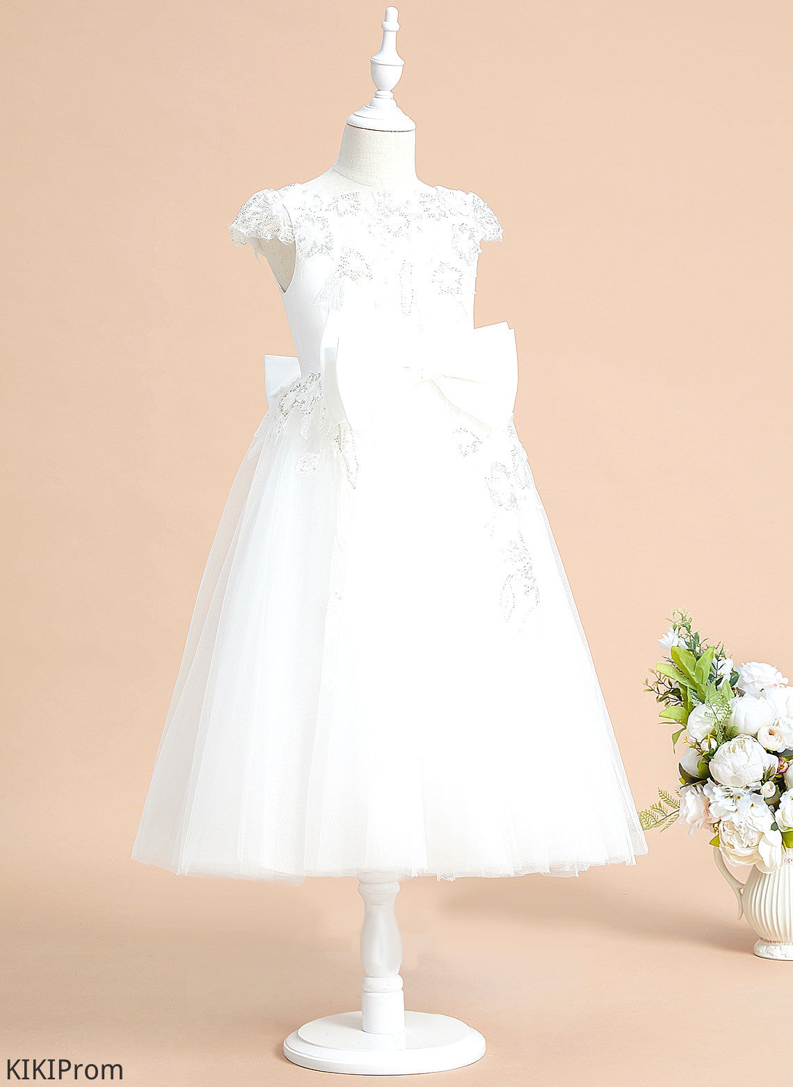 Flower Allie Neck With Sequins/Bow(s) A-Line Flower Girl Dresses - Tea-length Girl Tulle/Lace Sleeves Scoop Dress Short