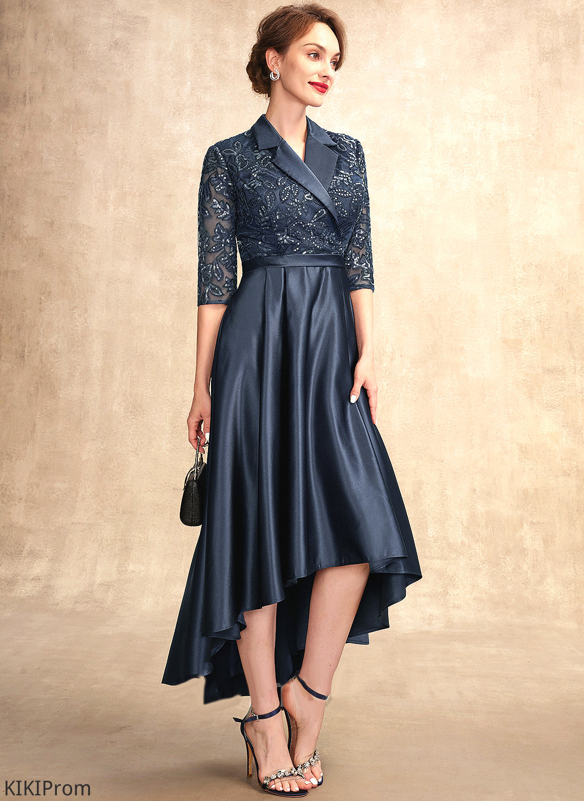 A-Line V-neck Mother Sequins Asymmetrical the Pockets Dress Bride Madalynn Lace Mother of the Bride Dresses Satin of With