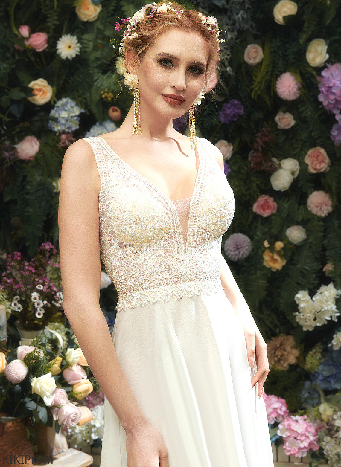 Chiffon Wedding Sequins V-neck Wedding Dresses Dress Floor-Length With Lace Tricia A-Line