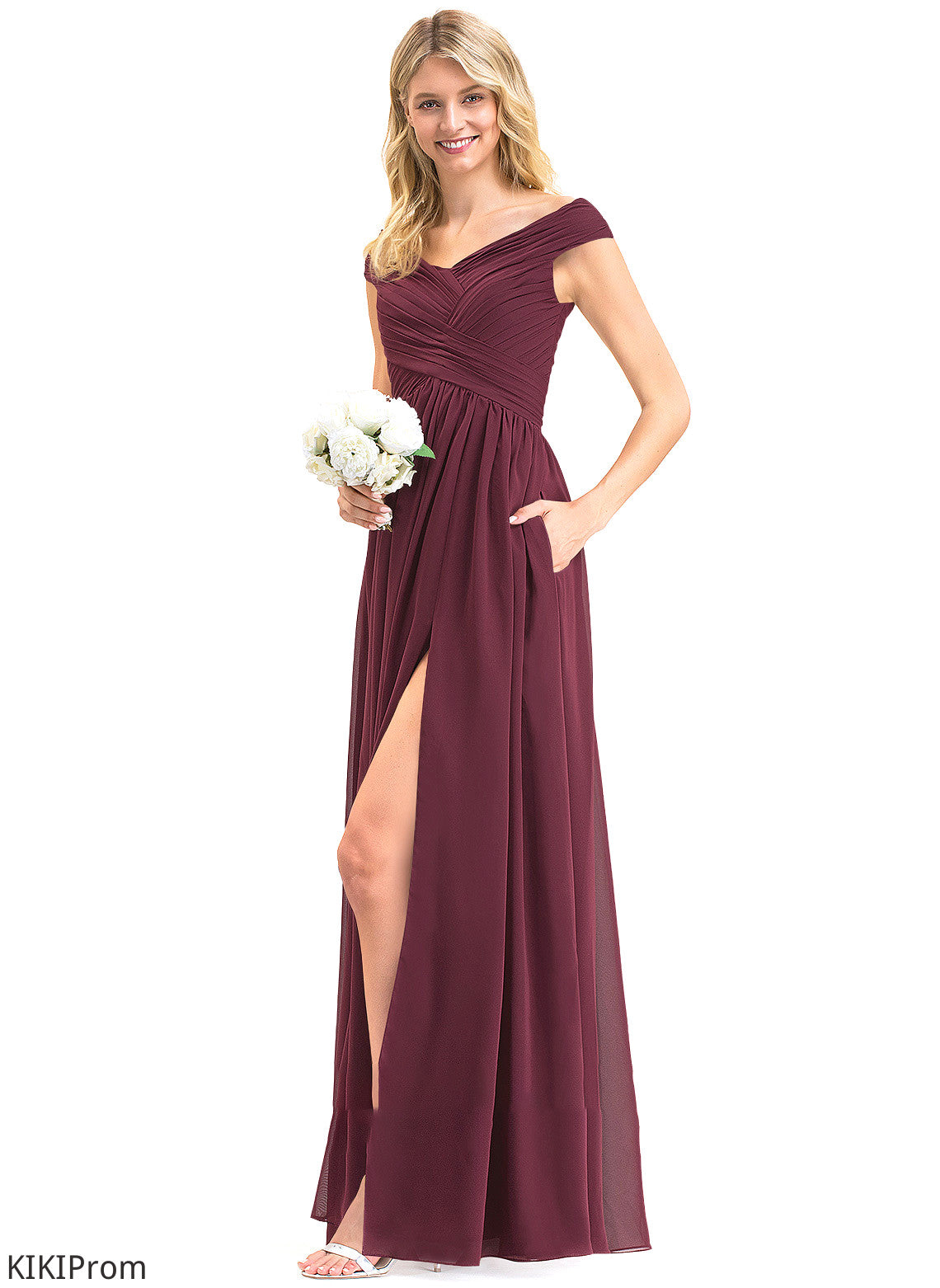 A-Line Silhouette Pockets Embellishment Floor-Length Length Off-the-Shoulder Ruffle SplitFront Fabric Neckline Abbey Bridesmaid Dresses