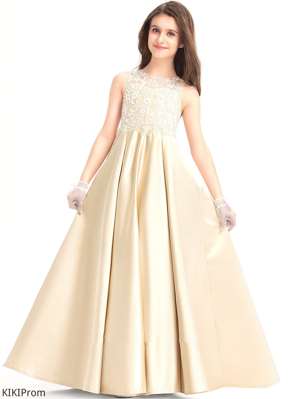 Leia Scoop Ball-Gown/Princess Satin Floor-Length Lace Junior Bridesmaid Dresses Neck