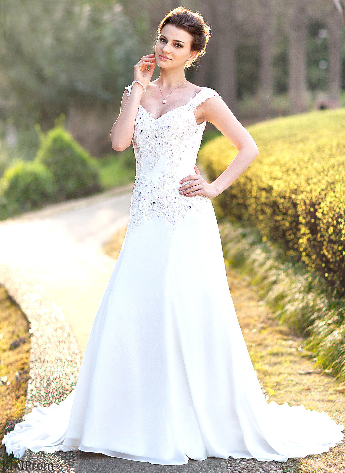 Valery V-neck A-Line Beading Wedding Dresses Dress Sequins Court Train Chiffon With Wedding Lace