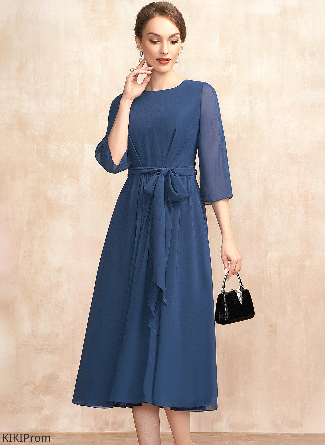 Neck of Dress With Bride Bow(s) the A-Line Ruffle Chiffon Tea-Length Erin Scoop Mother of the Bride Dresses Mother