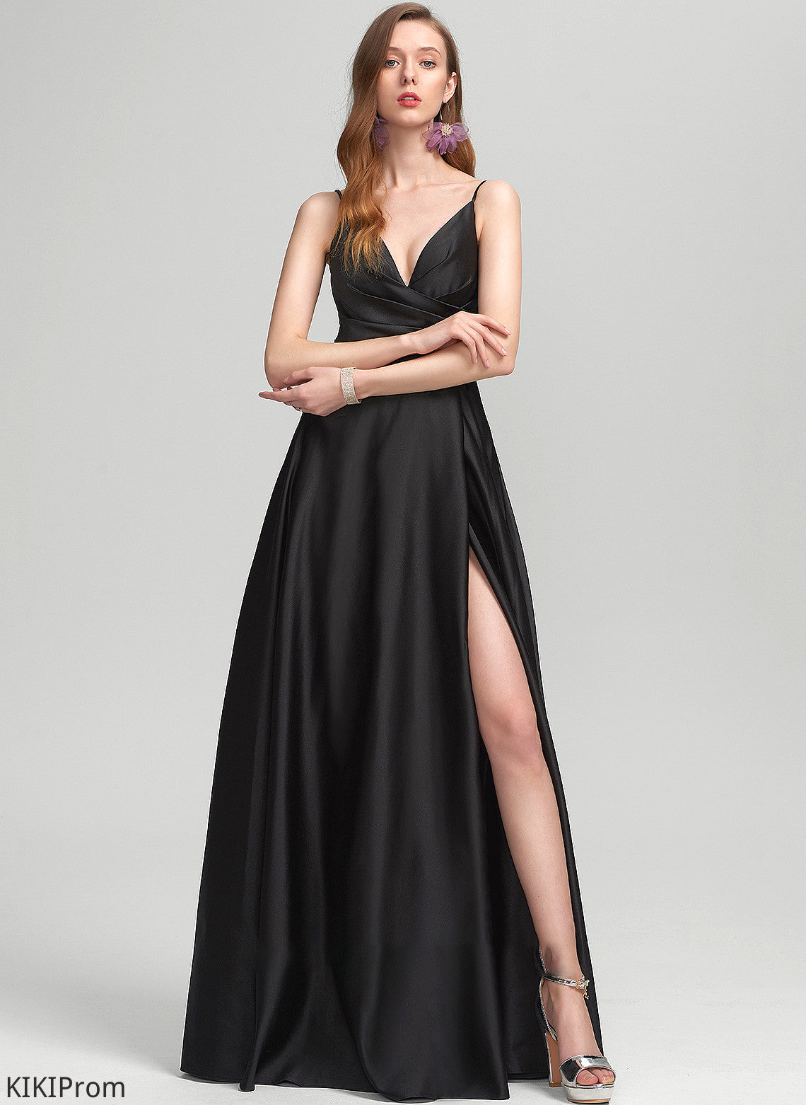 Silhouette A-Line Fabric Floor-Length Ruffle Neckline V-neck SplitFront Length Embellishment Jazmyn Bridesmaid Dresses