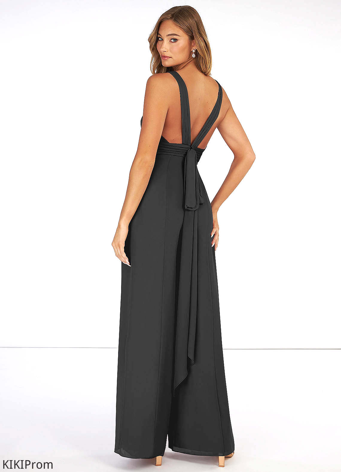 Jo A-Line/Princess 3/4 Length Sleeve Natural Waist V-Neck Floor Length Bridesmaid Dresses
