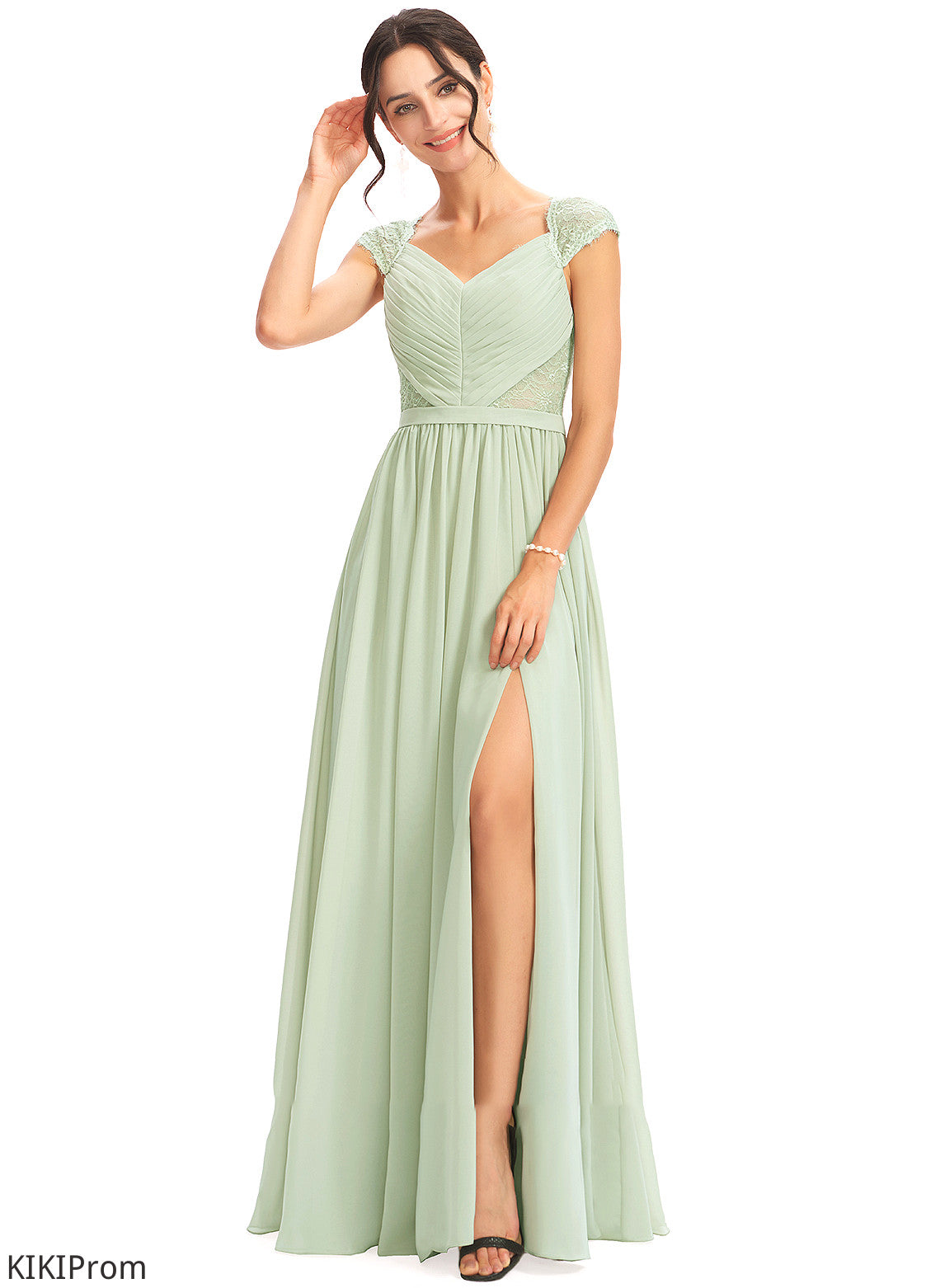 SplitFront Length Fabric Silhouette Floor-Length Lace A-Line V-neck Neckline Embellishment Aimee Bridesmaid Dresses