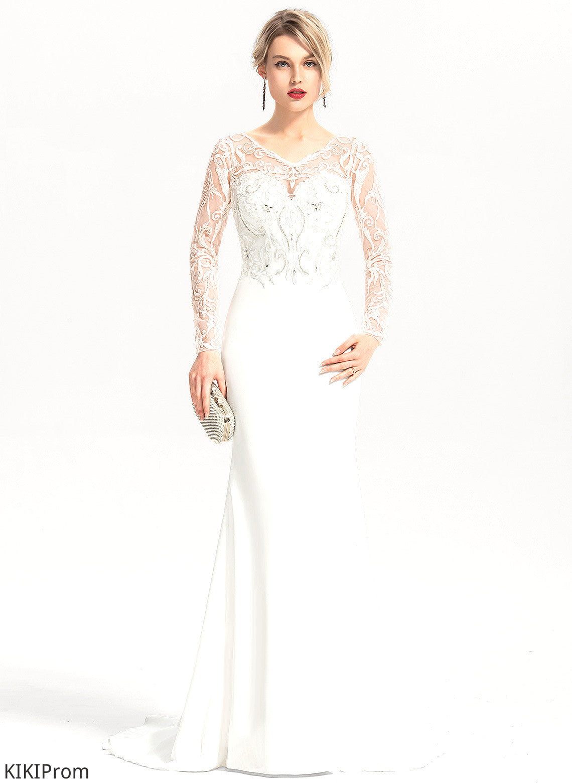 With Dress Trumpet/Mermaid Stretch Beading V-neck Sweep Train Lace Wedding Dresses Wedding Allyson Sequins Crepe