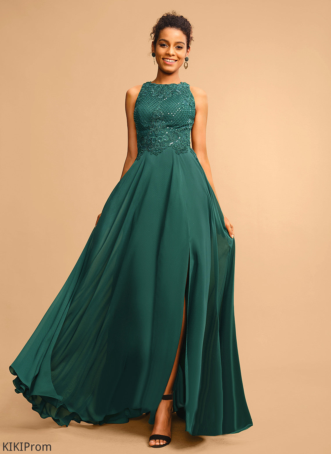 A-Line Lace Floor-Length With Chiffon Scoop Sequins Breanna Prom Dresses