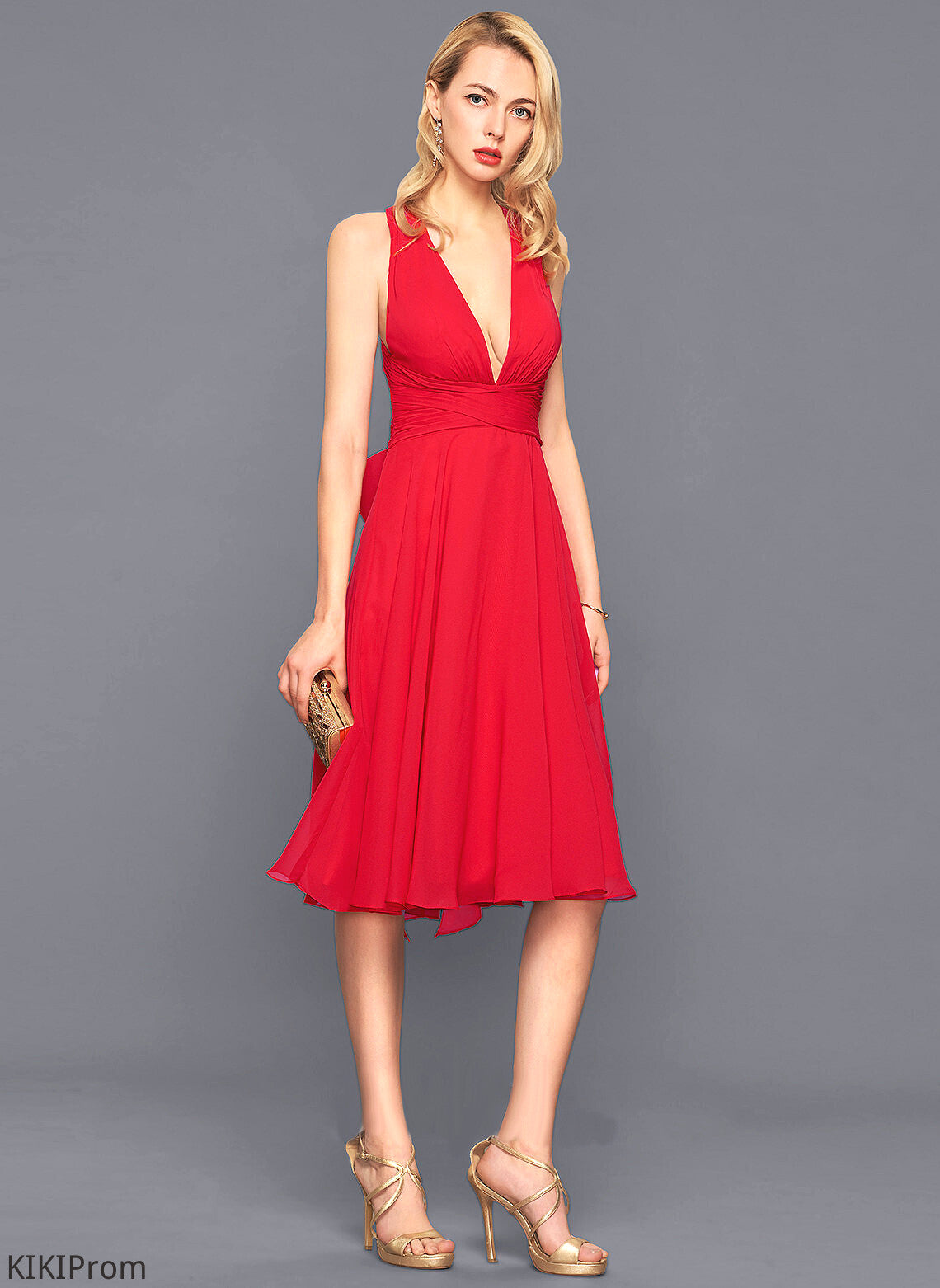 With A-Line Knee-Length Bow(s) Ruffle V-neck Cocktail Chiffon Dress Kirsten Cocktail Dresses