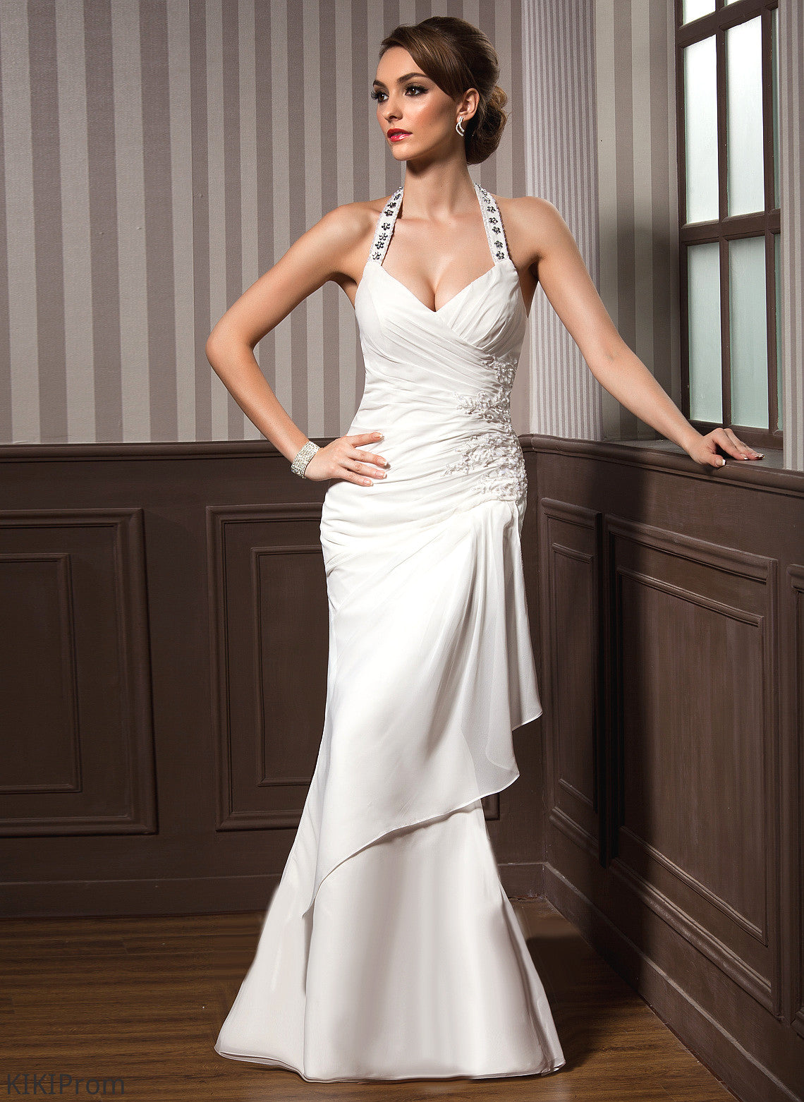 Sequins Moira Ruffle Lace Halter Floor-Length Sheath/Column Dress Wedding Wedding Dresses Appliques With Beading Chiffon