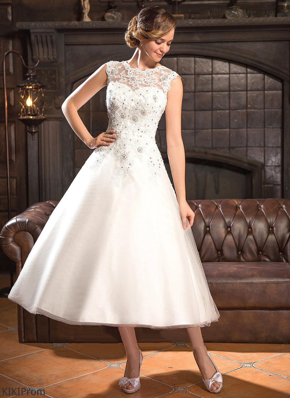 Sequins Wedding Beading Tulle With Kenya Dress Tea-Length Wedding Dresses Ball-Gown/Princess Lace