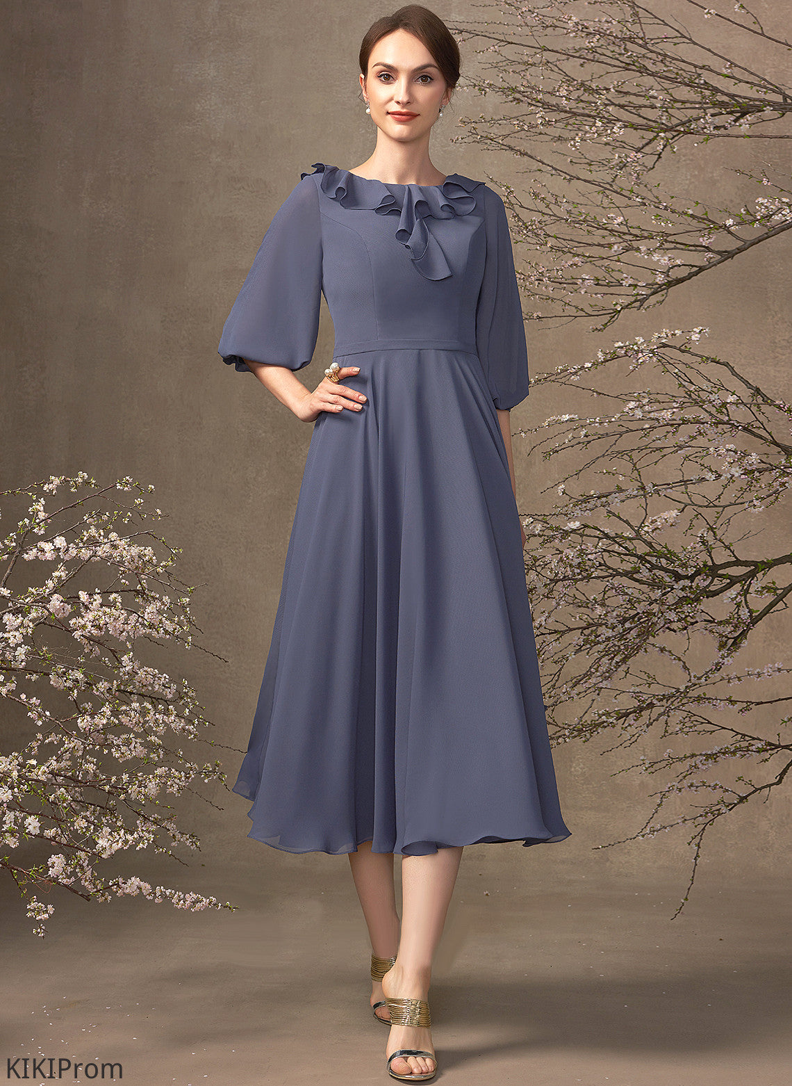 With Mother Tea-Length of Dress the Neck Scoop Sophie Ruffles Bride Mother of the Bride Dresses Cascading Chiffon A-Line