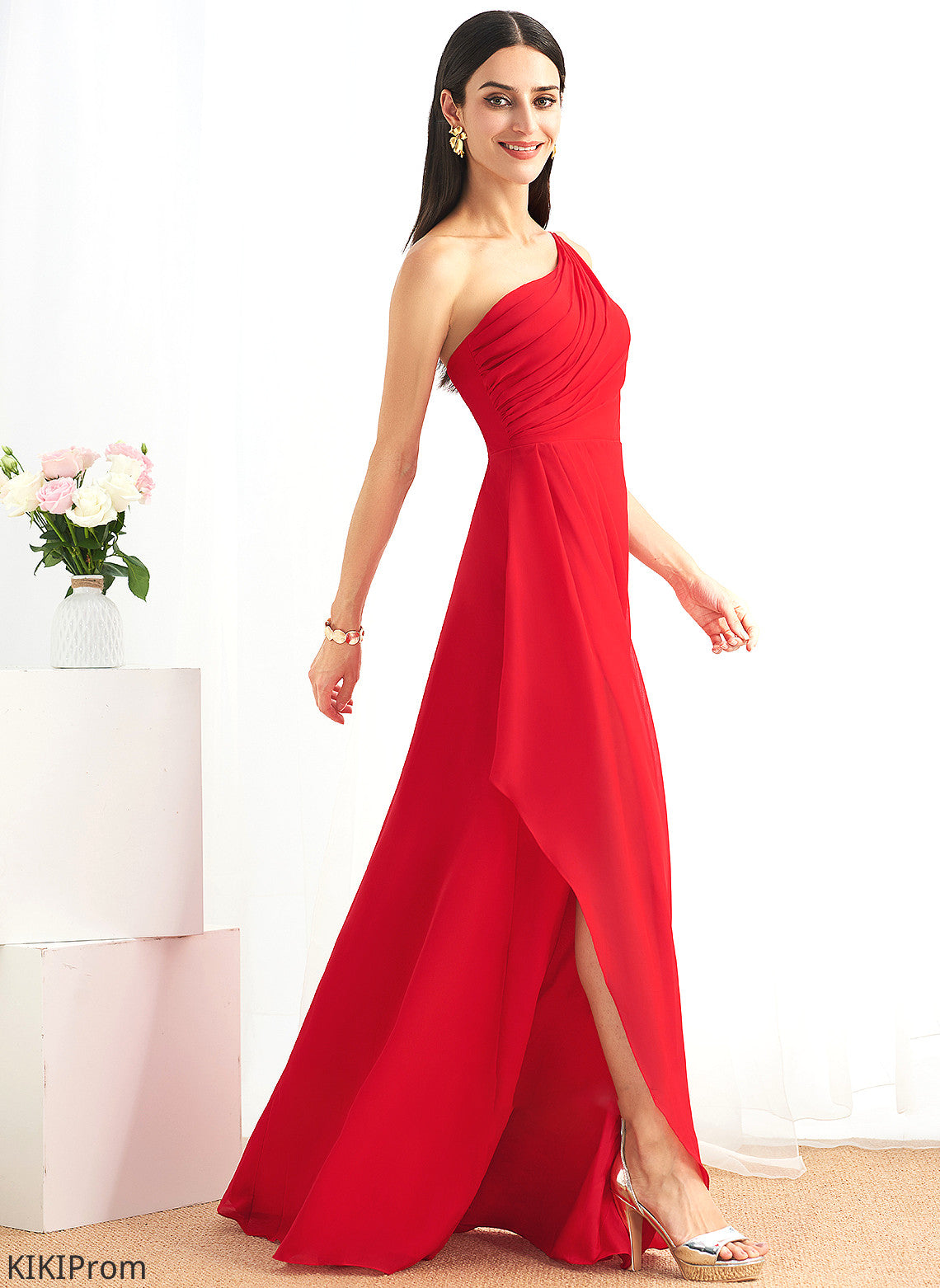 Floor-Length SplitFront A-Line Ruffle Silhouette Embellishment Length Neckline Fabric One-Shoulder Madalynn Taffeta Bridesmaid Dresses