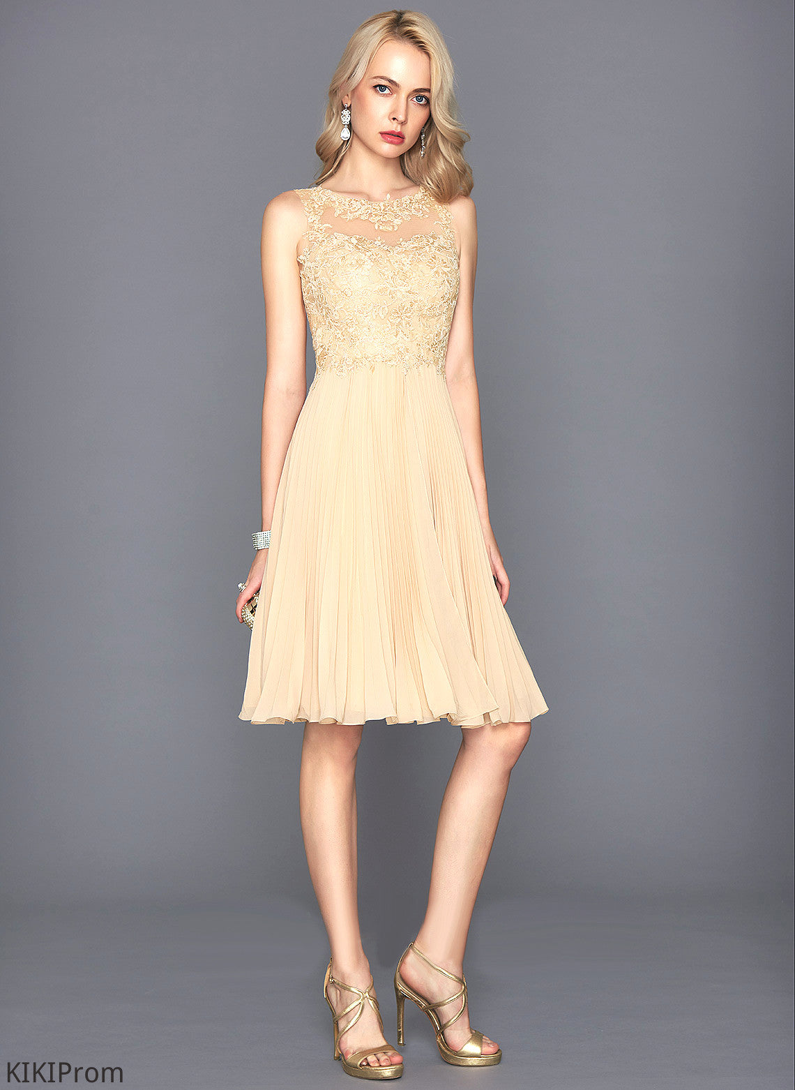 Pleated Scoop Chiffon Dress Cocktail Lace Neck Charlee Cocktail Dresses Knee-Length With A-Line