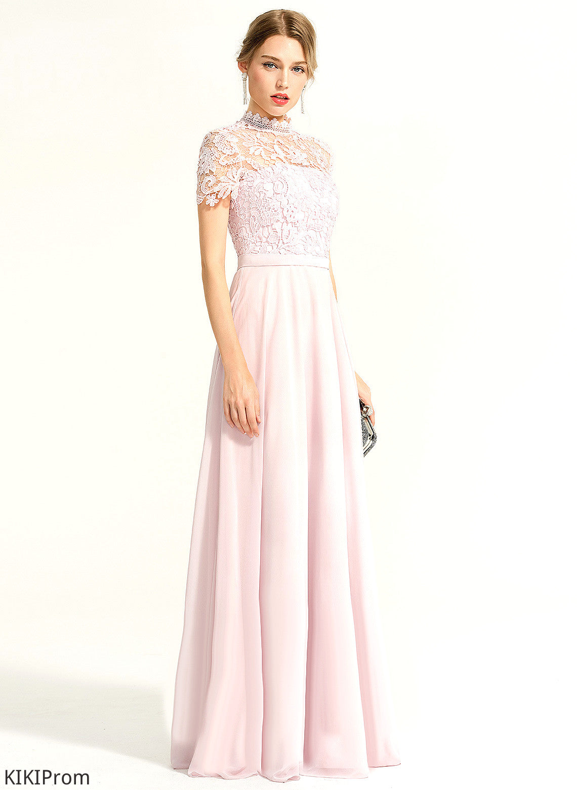 Illusion Chiffon Harper Neck High Lace A-Line Floor-Length Prom Dresses