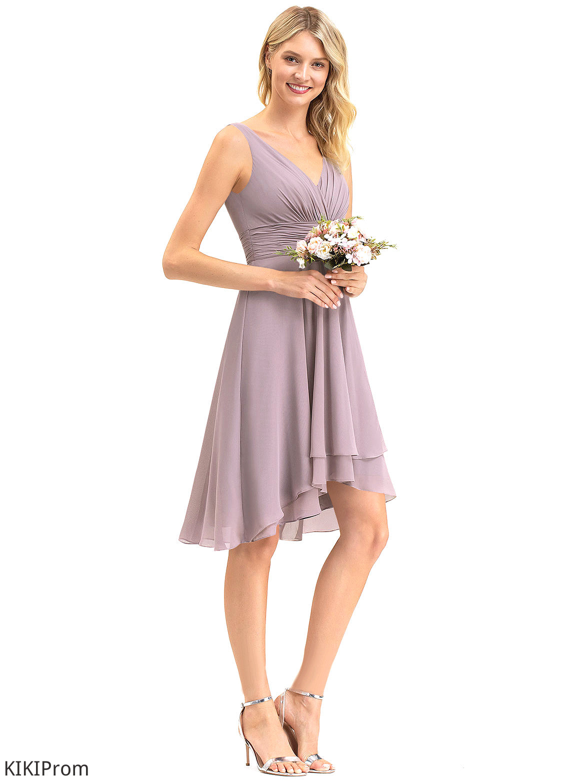Ruffle With V-neck Cocktail Chiffon A-Line Nathalie Dress Asymmetrical Cocktail Dresses