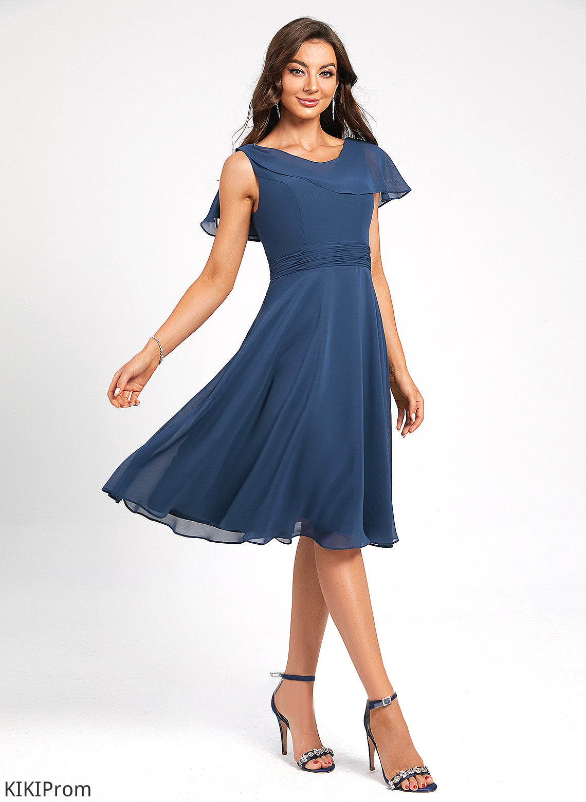 Scoop Dress Cocktail Dresses Knee-Length Setlla Pleated With Ruffle Chiffon Cocktail Neck A-Line