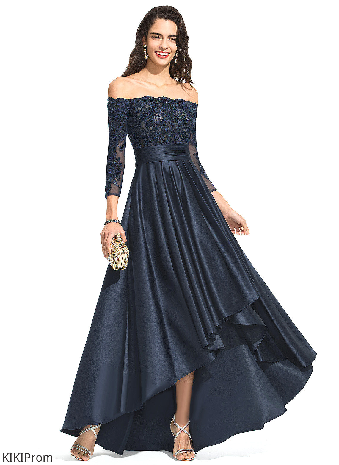 With Cascading Asymmetrical A-Line Off-the-Shoulder Ruffles Poll Satin Prom Dresses Sequins Lace