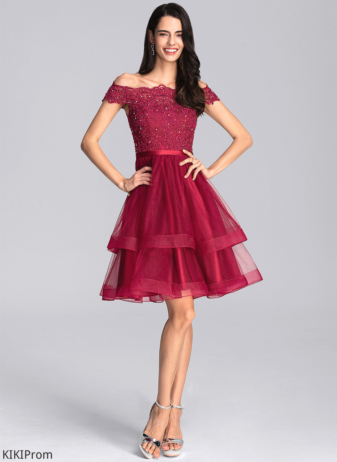 Tulle With Reese Lace A-Line Knee-Length Sequins Off-the-Shoulder Dress Homecoming Beading Homecoming Dresses