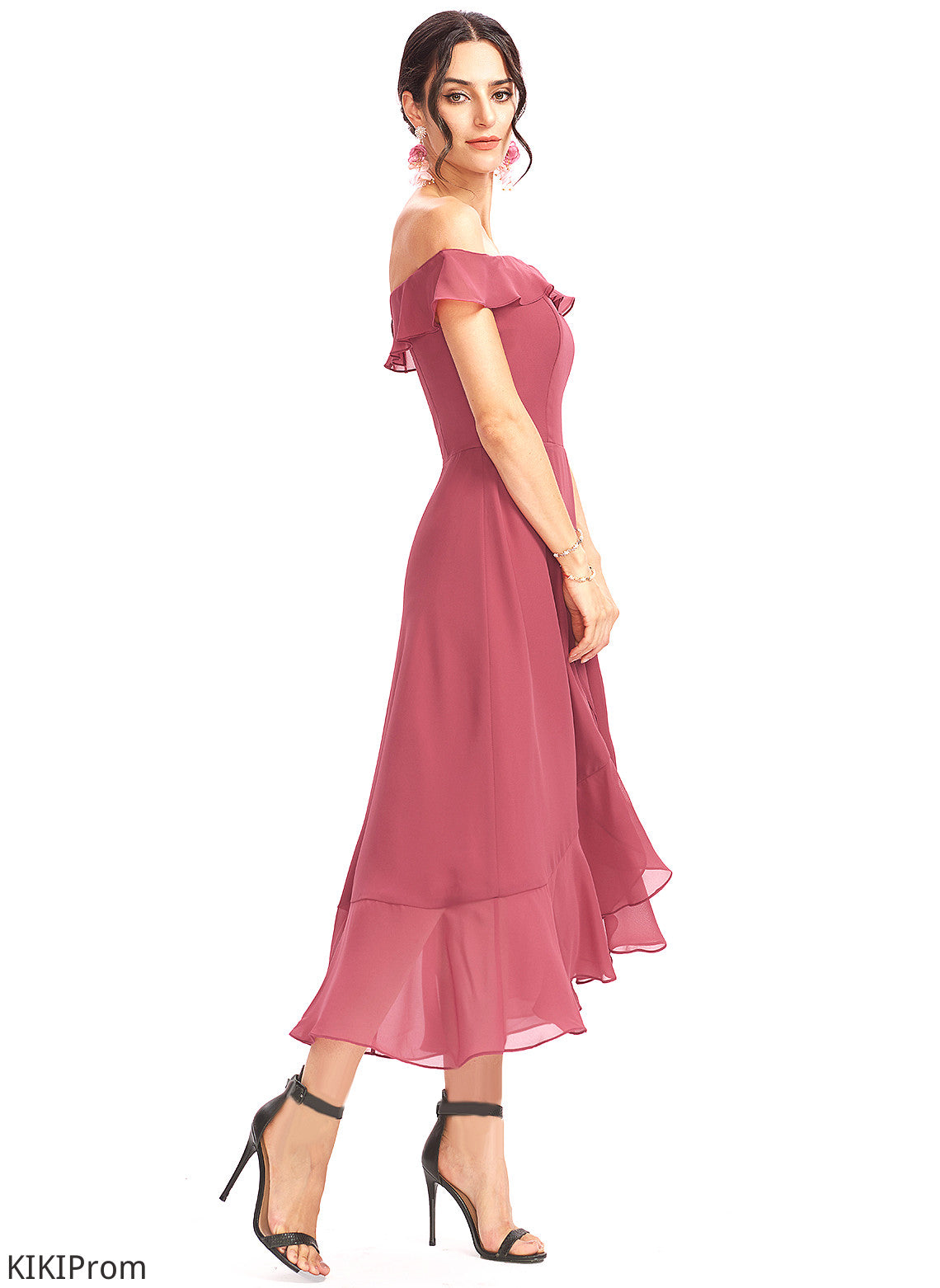 Kylee Tea-Length Ruffles Cocktail Dresses Dress Cascading Cocktail With A-Line Off-the-Shoulder Chiffon