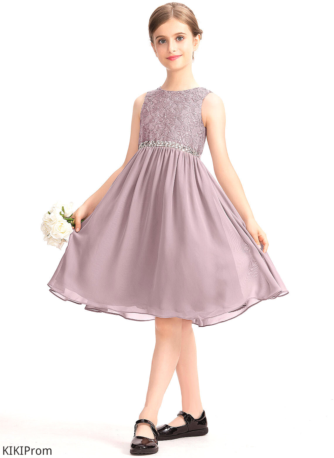 Knee-Length Bow(s) Junior Bridesmaid Dresses Lace Neck A-Line Maureen With Scoop Chiffon Beading