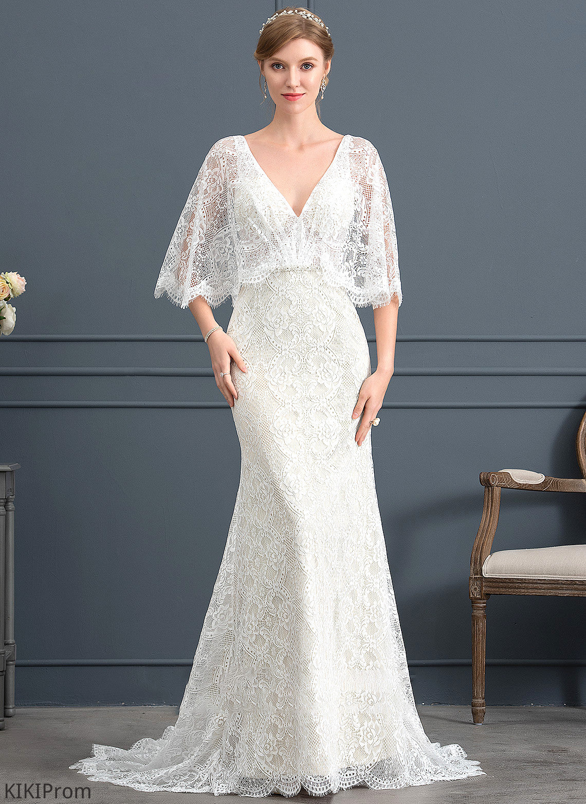 Kristen Wedding Dresses Trumpet/Mermaid Lace V-neck Sequins Wedding Train Dress Beading Sweep With
