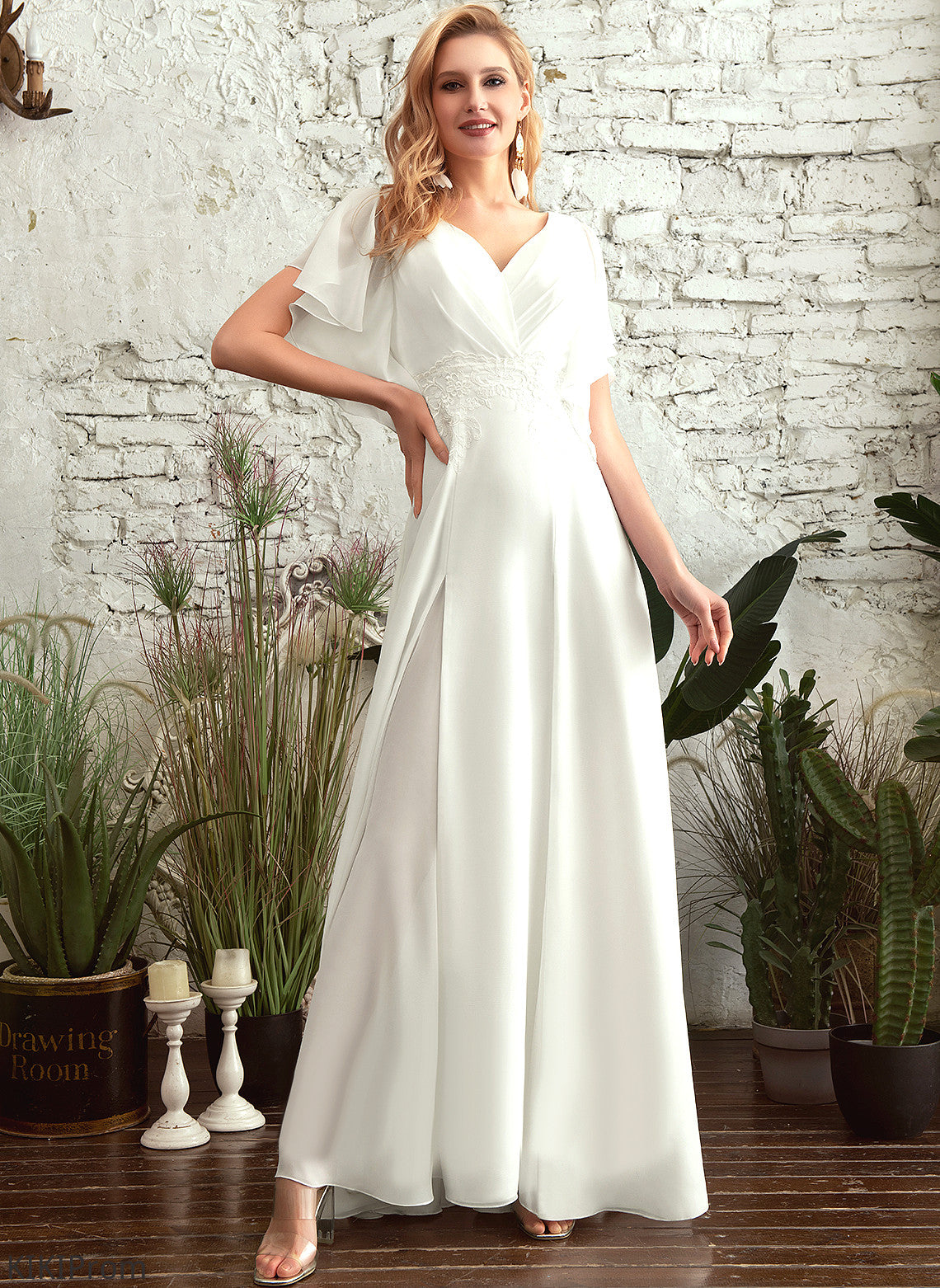 V-neck Dress Wedding Wedding Dresses Floor-Length A-Line Perla Lace Chiffon