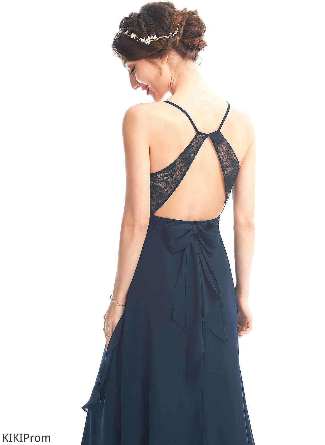 Silhouette Asymmetrical Length Neckline V-neck Fabric Embellishment Bow(s) Lace A-Line Elena Bridesmaid Dresses