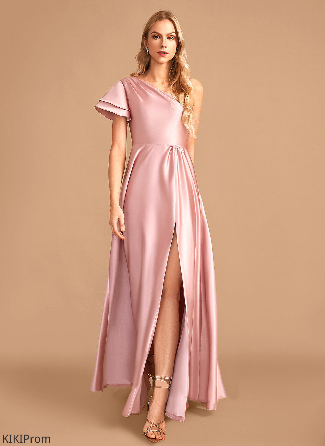 Floor-Length SplitFront One-Shoulder A-Line Fabric Embellishment Length Neckline Silhouette Lauretta Trumpet/Mermaid Natural Waist Bridesmaid Dresses