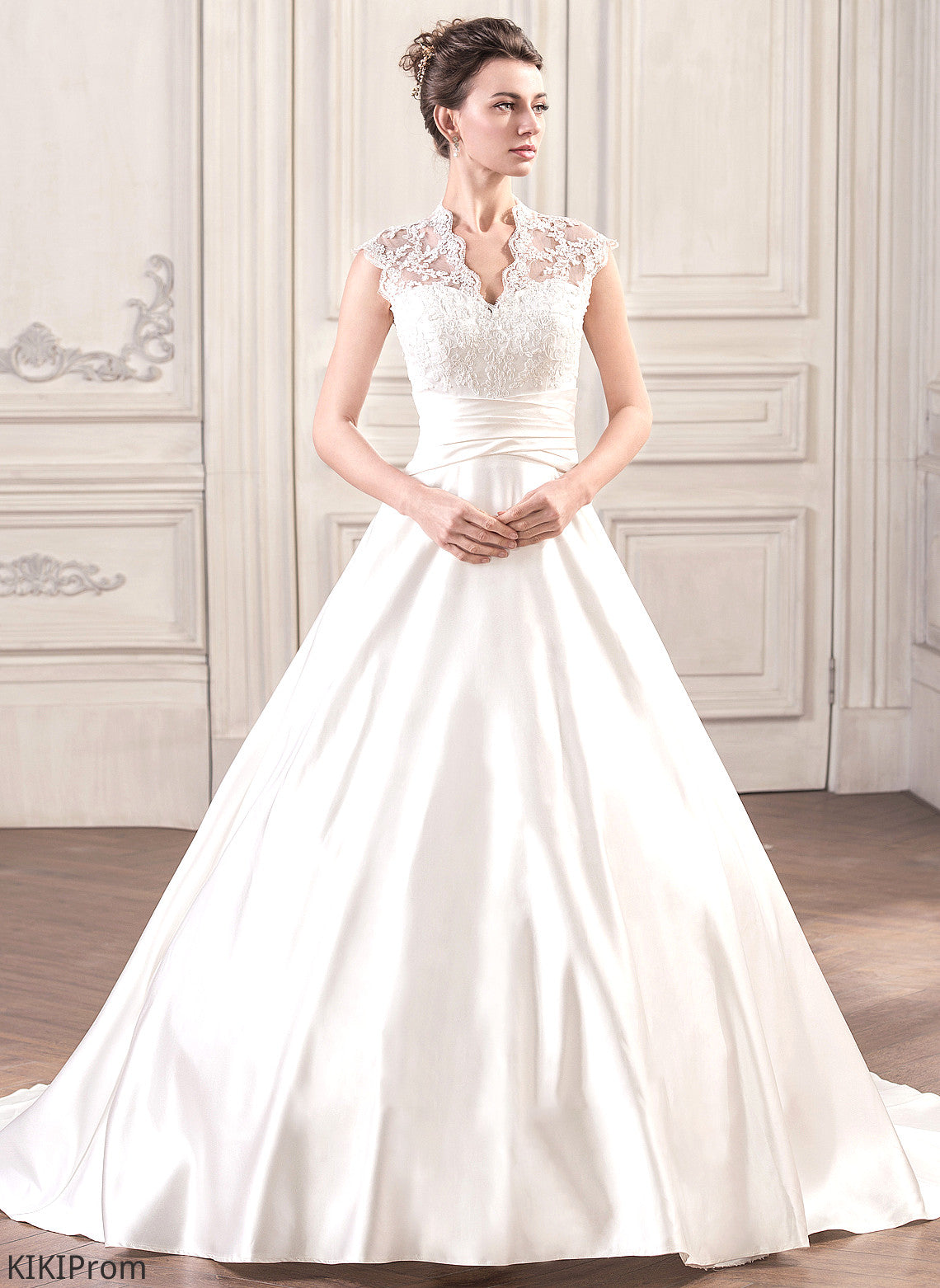 Wedding Dresses Court Ruffle Train Satin Dress With V-neck Lace Renata Wedding Ball-Gown/Princess