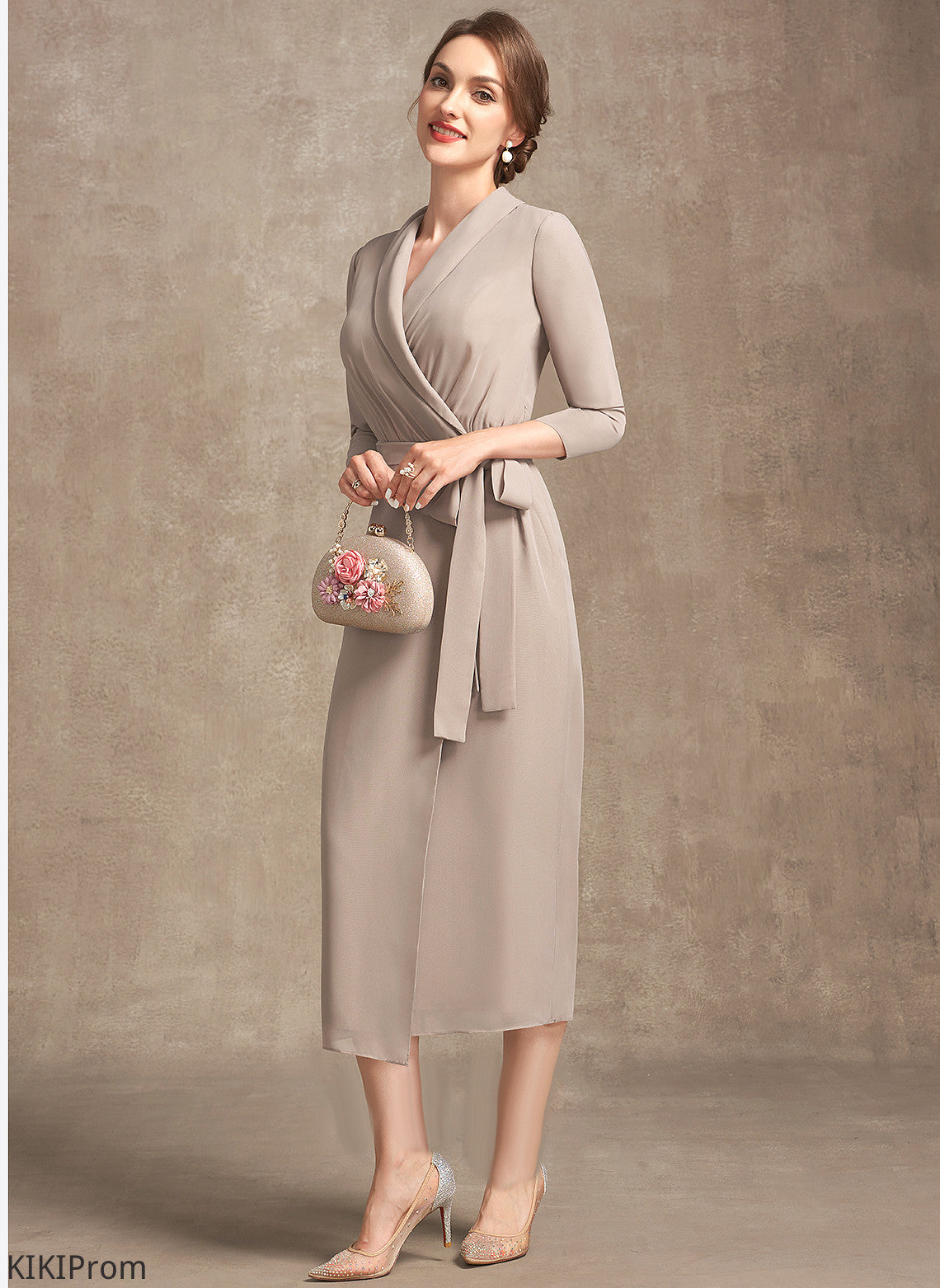 Sheath/Column V-neck the Bow(s) With Tea-Length Chiffon Ruby Dress Mother of Bride Mother of the Bride Dresses