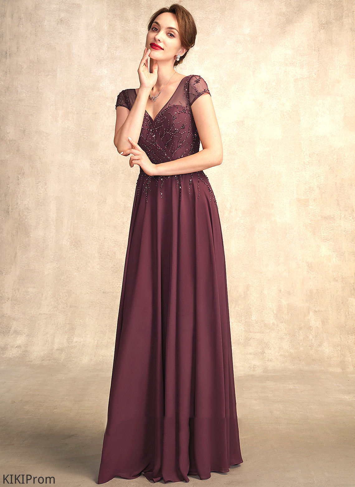 of Beading the Bride Mother of the Bride Dresses A-Line Dress V-neck Mother Sequins Chiffon Floor-Length With Sasha