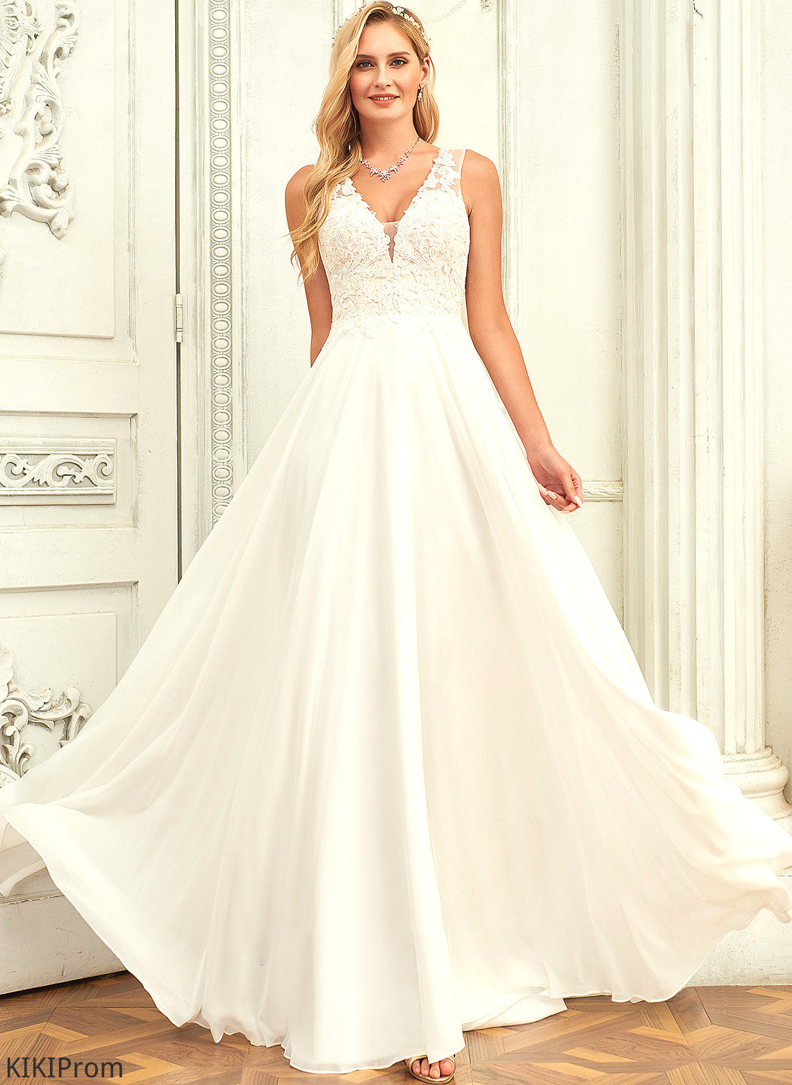 Wedding Dresses V-neck Katelyn Dress Train A-Line Chiffon Lace Wedding Sweep Lace With