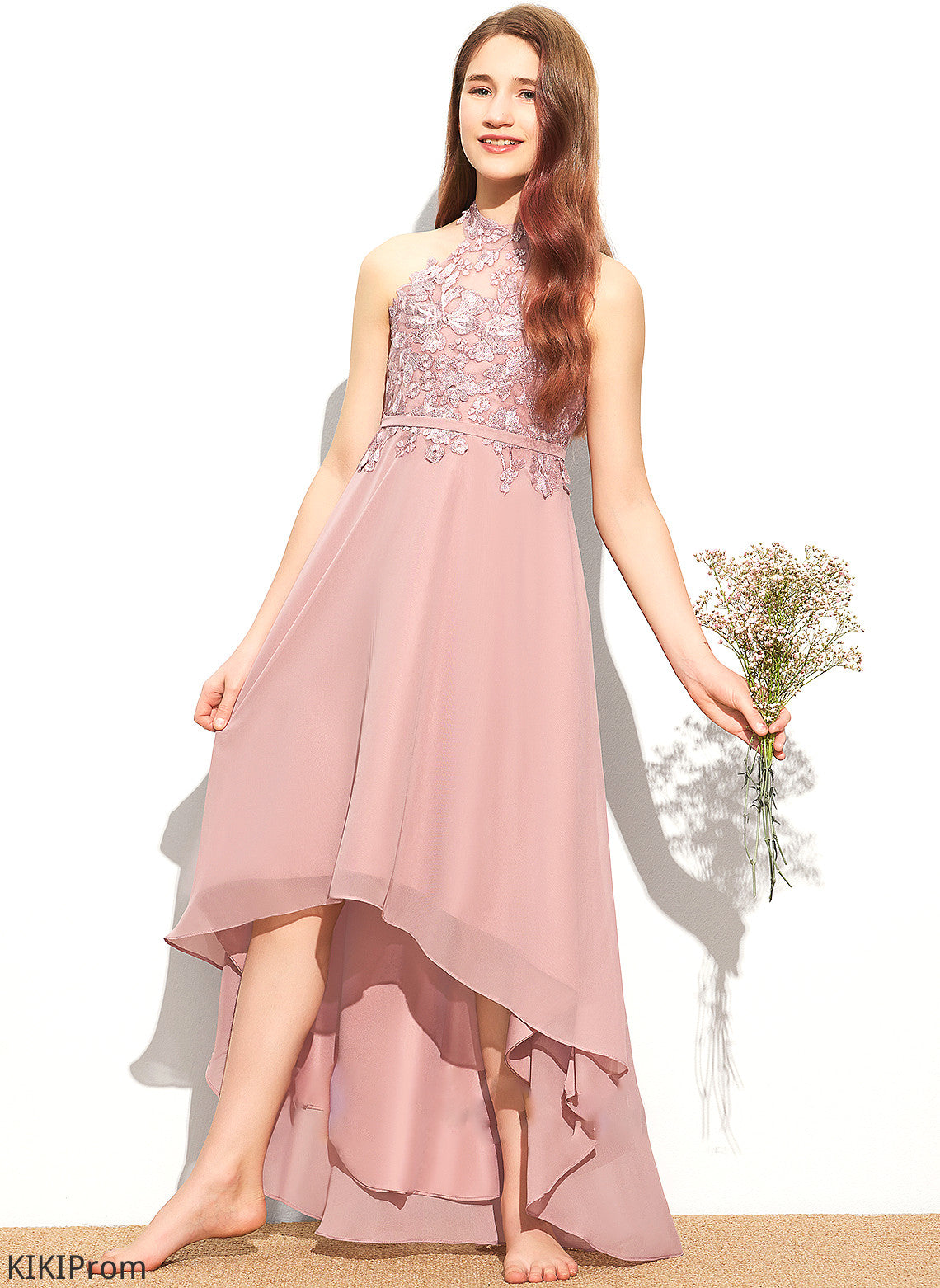 A-Line Neck Evangeline Junior Bridesmaid Dresses Lace Chiffon Scoop Asymmetrical