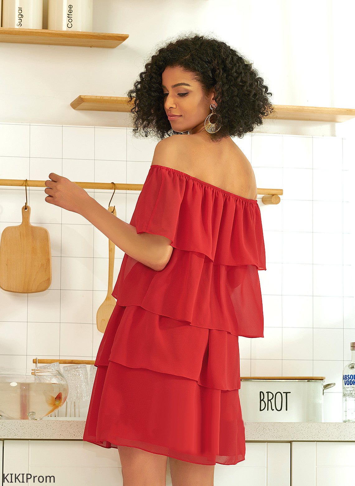 Chiffon Ruffle Cocktail Cocktail Dresses With Off-the-Shoulder Dress Autumn Short/Mini
