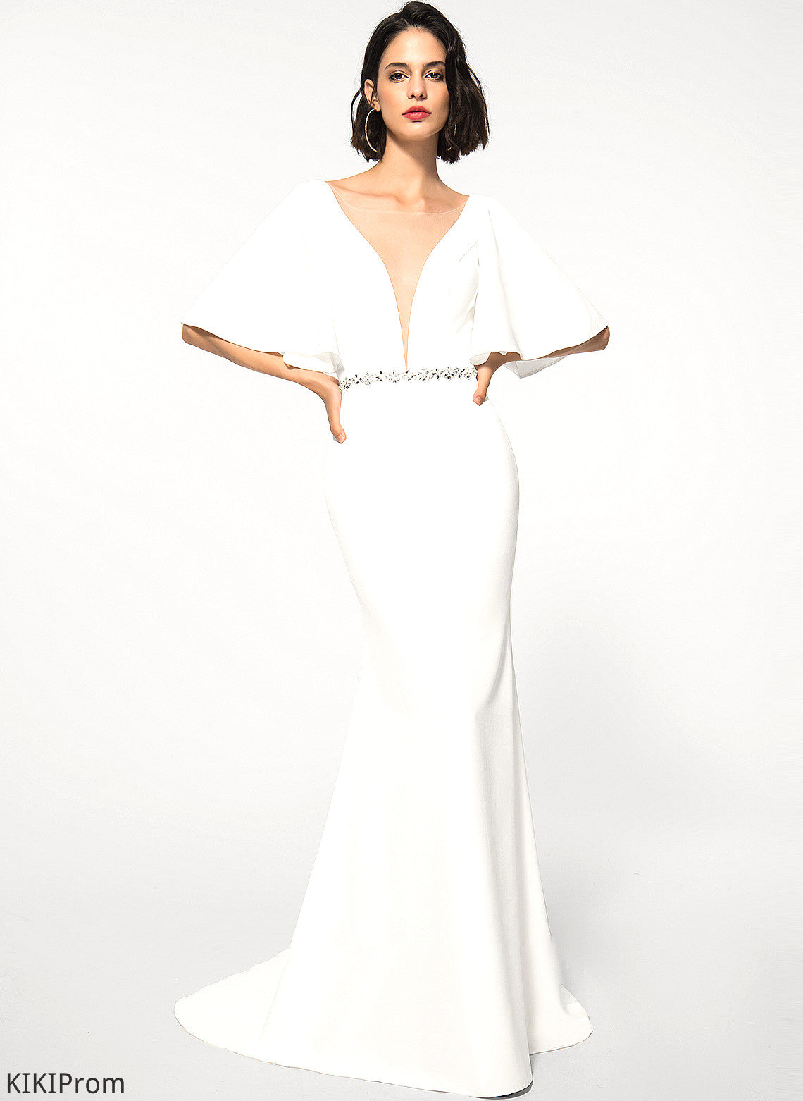 Train With Katherine Stretch Trumpet/Mermaid V-neck Crepe Wedding Sweep Wedding Dresses Beading Dress