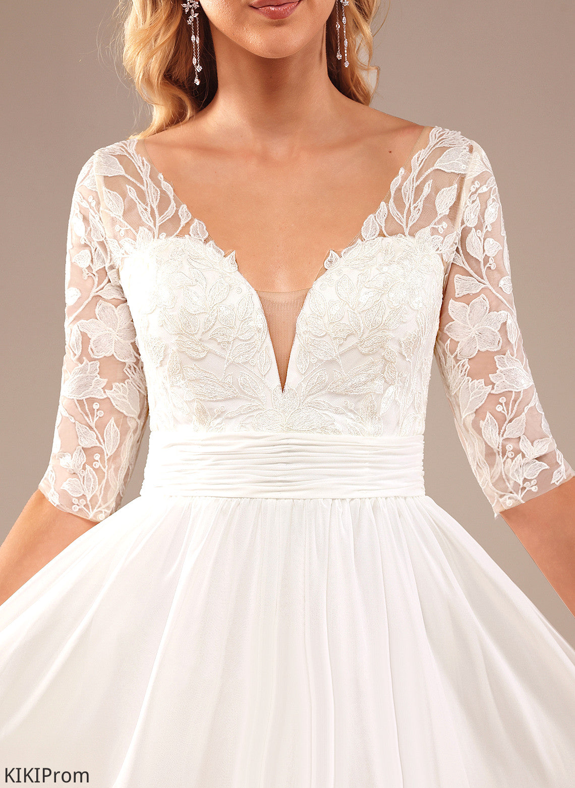 Sequins V-neck Floor-Length Maya Wedding Wedding Dresses Lace With Chiffon A-Line Dress Ruffle