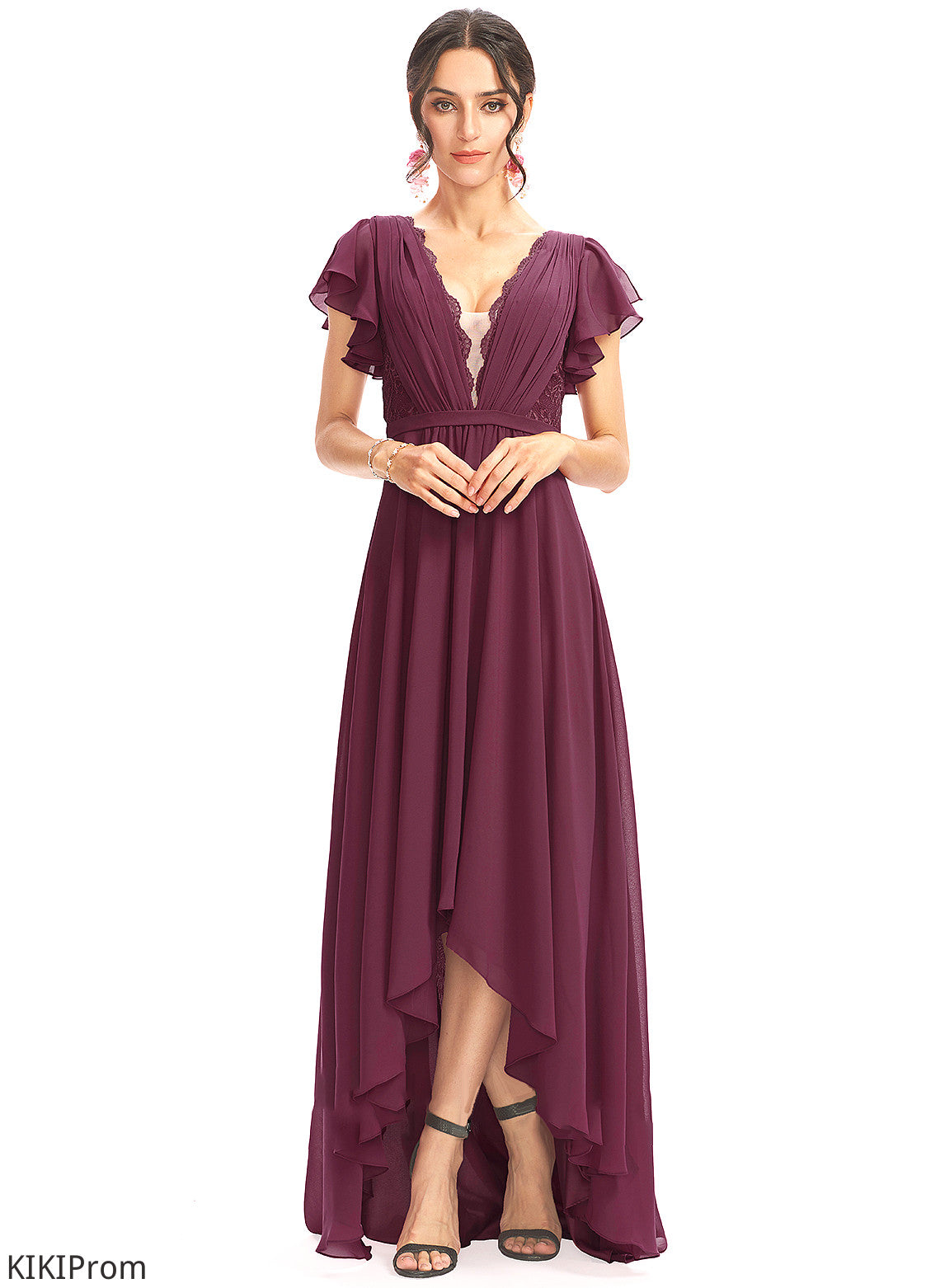 Fabric Silhouette Length Neckline A-Line Embellishment Lace CascadingRuffles Asymmetrical V-neck Autumn Bridesmaid Dresses