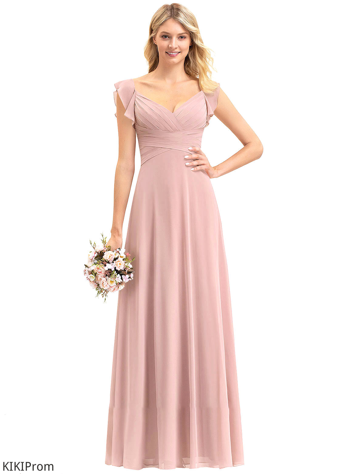 V-neck Silhouette CascadingRuffles Embellishment Length Fabric Empire Neckline Floor-Length Skyla Bridesmaid Dresses