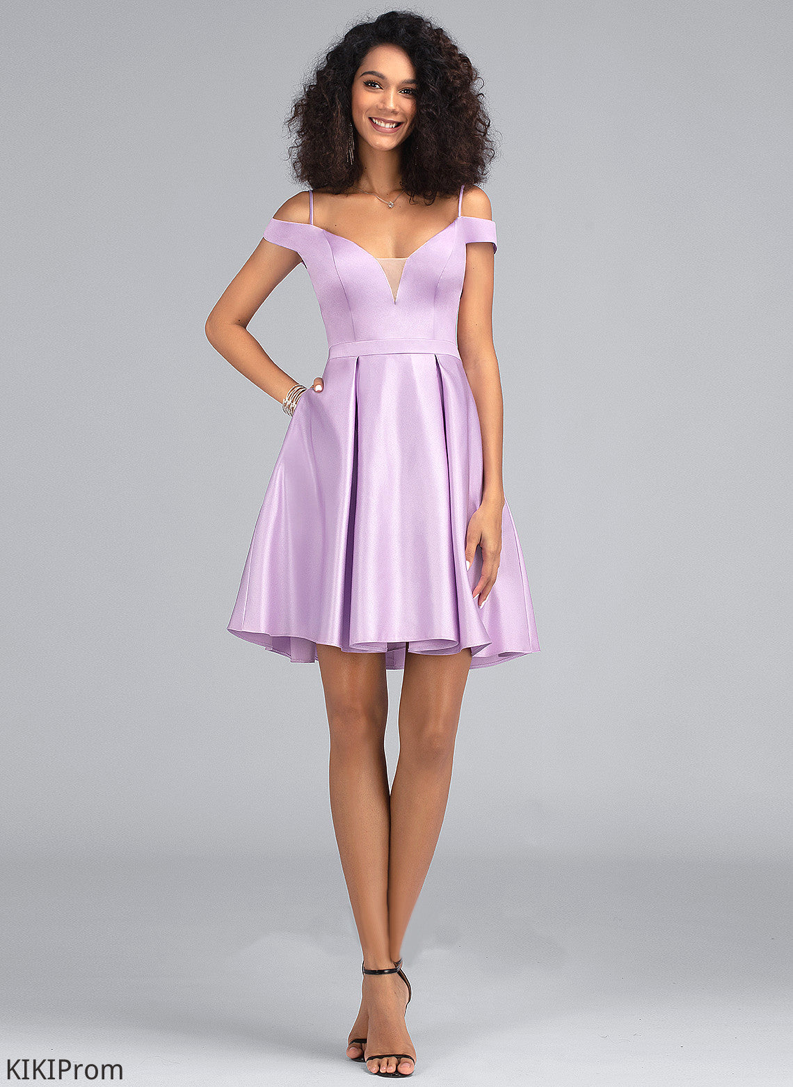 With A-Line Pockets Kailey Homecoming Dresses Satin Dress Off-the-Shoulder Short/Mini Homecoming Bow(s)