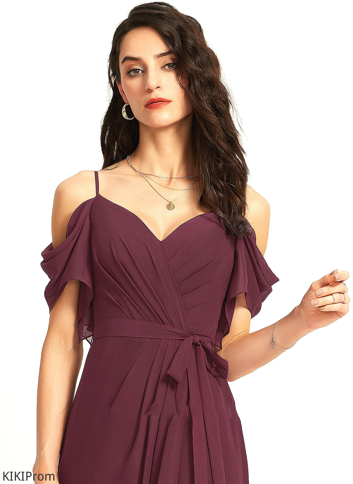 Ruffle Fabric Embellishment SplitFront Length Neckline Silhouette V-neck A-Line Floor-Length Michaelia Bridesmaid Dresses