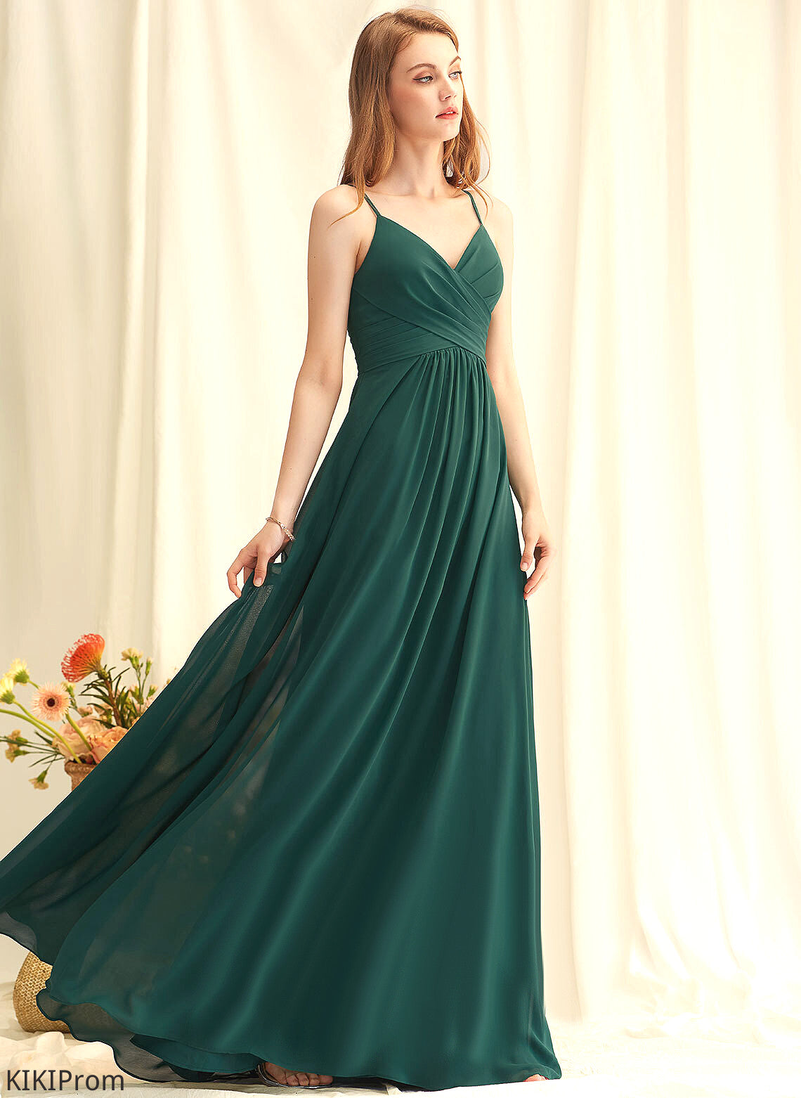 Embellishment Pleated A-Line Silhouette Length Fabric V-neck Neckline Floor-Length Jaqueline Velvet Floor Length Bridesmaid Dresses