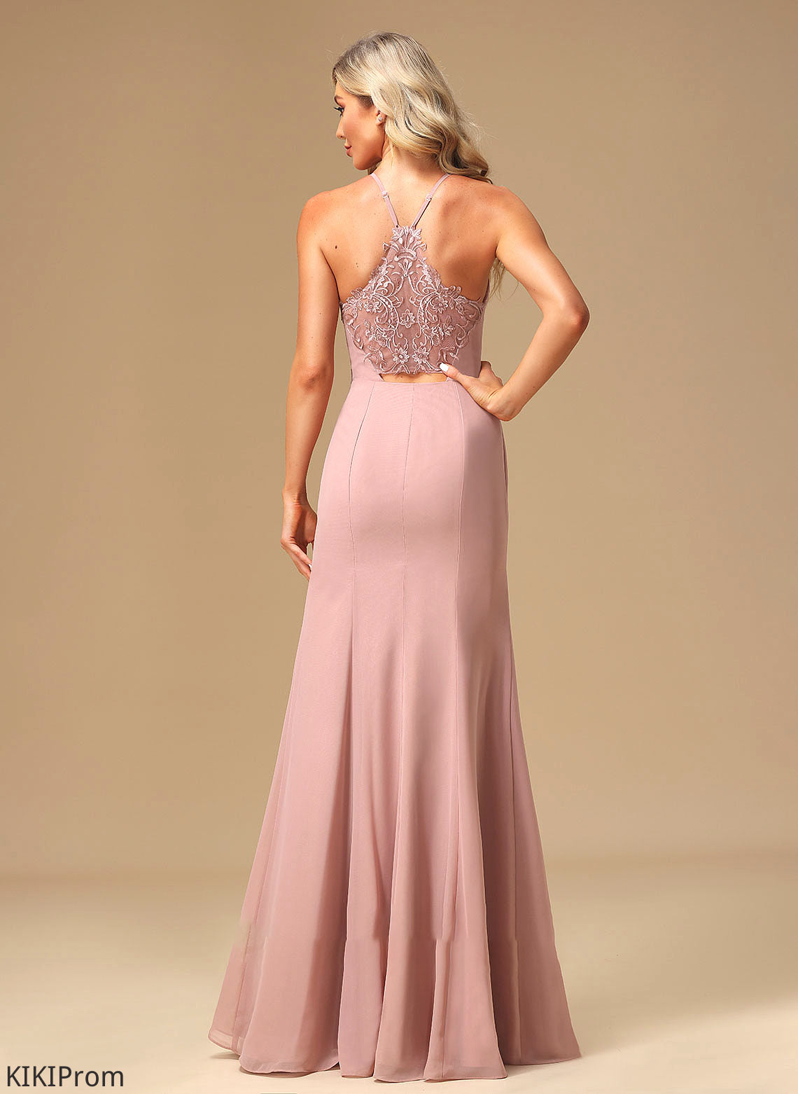 Fabric HighNeck Neckline SplitFront Embellishment Silhouette Length Lace A-Line Floor-Length Kayla Sleeveless Bridesmaid Dresses