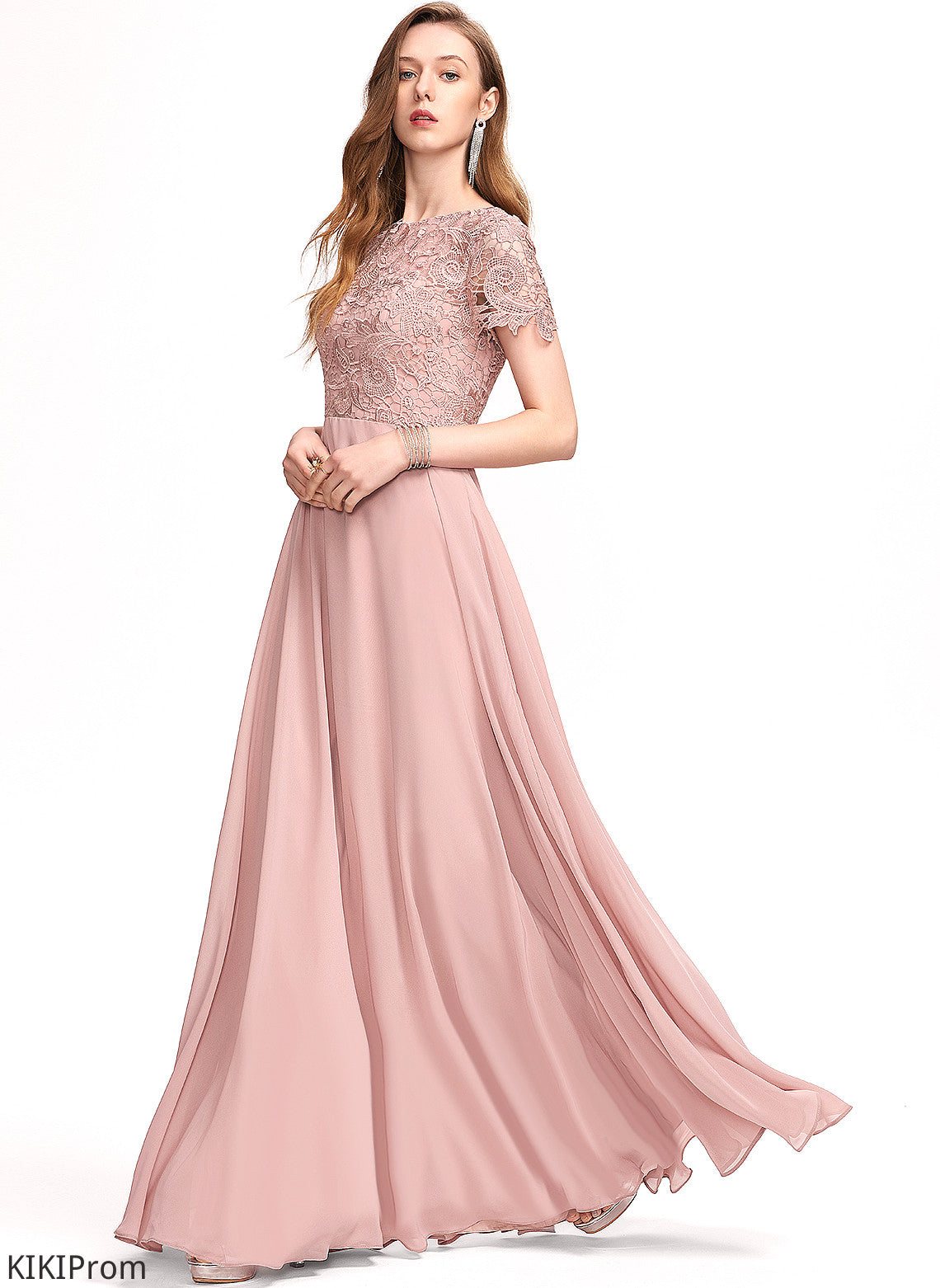 Chiffon Sequins A-Line Scoop Prom Dresses Floor-Length Lace Audrey With