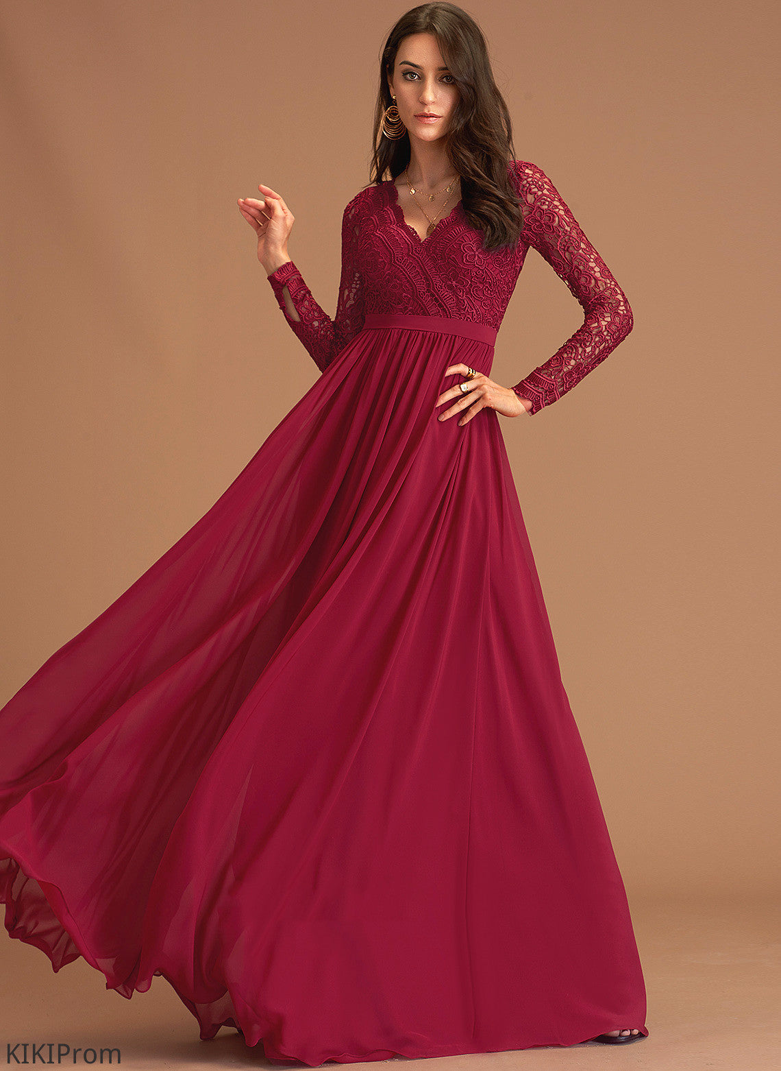 Margaret Floor-Length Lace Chiffon A-Line Prom Dresses V-neck