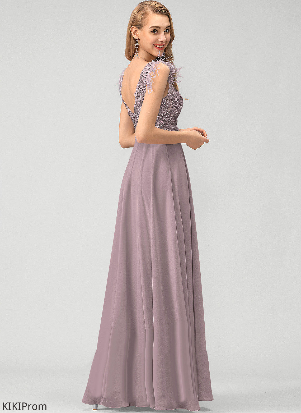 Prom Dresses A-Line Beading Floor-Length V-neck Flower(s) Sequins With Feather Valerie Chiffon